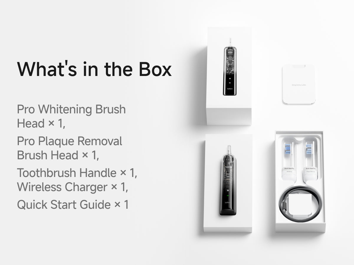 What's in the box - Pro Whitening Brush Head, Pro Plaque Removal Brush Head. Toothbrush Handle. Wireless Charger. Quick Start Guide.