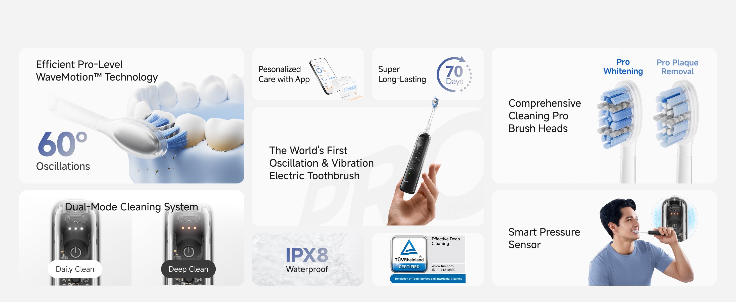 Laifen Wave Pro electric toothbrush features: Efficient Pro-Level Wave Motion Technology. Personalized Care with App. Super Long-Lasting Up to 70 Days. The World's First Oscillation & Vibration Electric Toothbrush. Comprehensive Cleaning Pro Brush Heads-Pro Whitening and Pro Plaque Removal. Dual-Mode Cleaning System-Daily Clean and Deep Clean. IPX8 Waterproof. Certified. Smart Pressure Sensor.