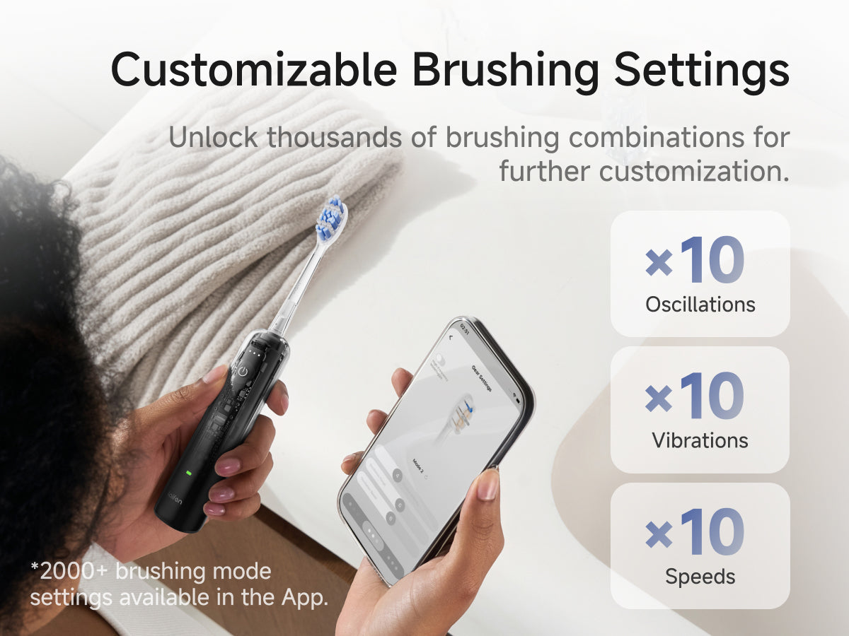 Customizable Brushing Settings. Unlock thousands of brushing combinations for further customization. 10*Oscillation. 10*Vibrations. 10*Speeds.