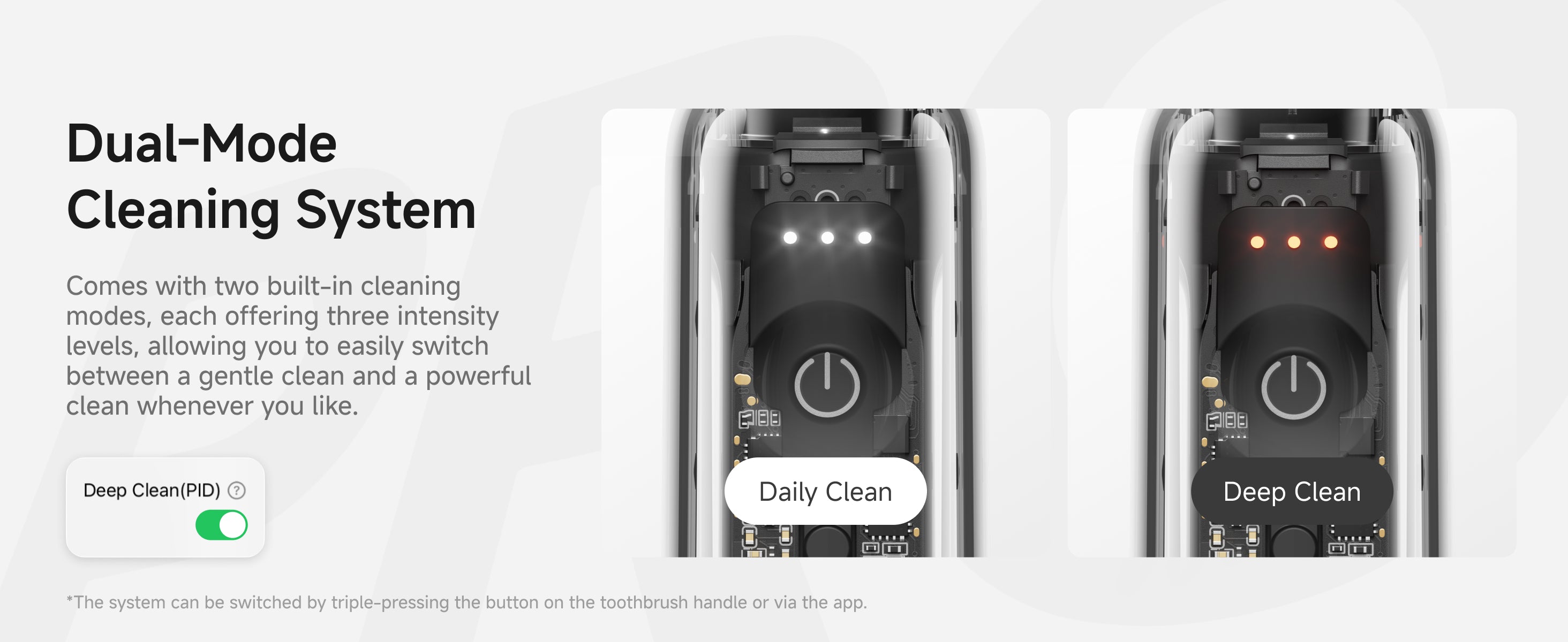 Dual-Mode Cleaning System. Comes with two built-in cleaning modes, each offering three intensity levels, allowing you to easily switch between a gentle clean and a powerful clean whenever you like.