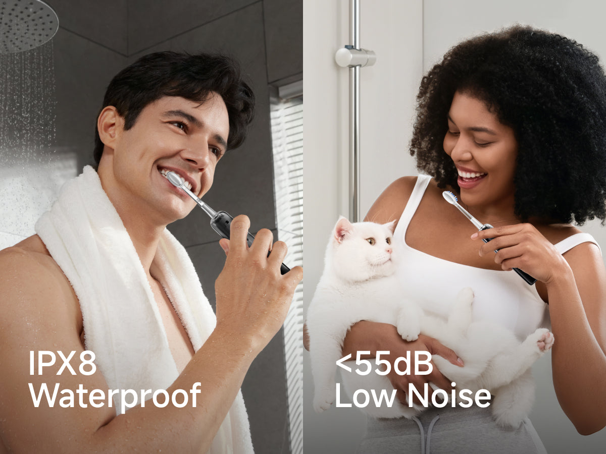 IPX8 Waterproof, With an IPX8 waterproof build, Wave Pro is ready for sinks, splashes, and even shower brushing-no limits, no worries. <55dB Low Noise. Its refined noise-control design softens harsh motor sound, keeping every session calm and unobtrusive.