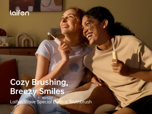 Two people sitting on a couch, one holding a toothbrush, with 'Laifen' branding and text about electric toothbrushes.