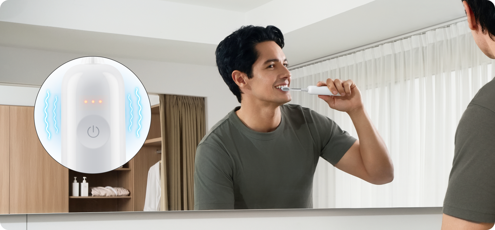 Person brushing teeth in front of a mirror with a digital toothbrush display.