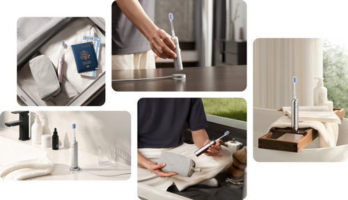 Collage of images related to dental care, including toothbrushes, toothpaste, and dental tools.