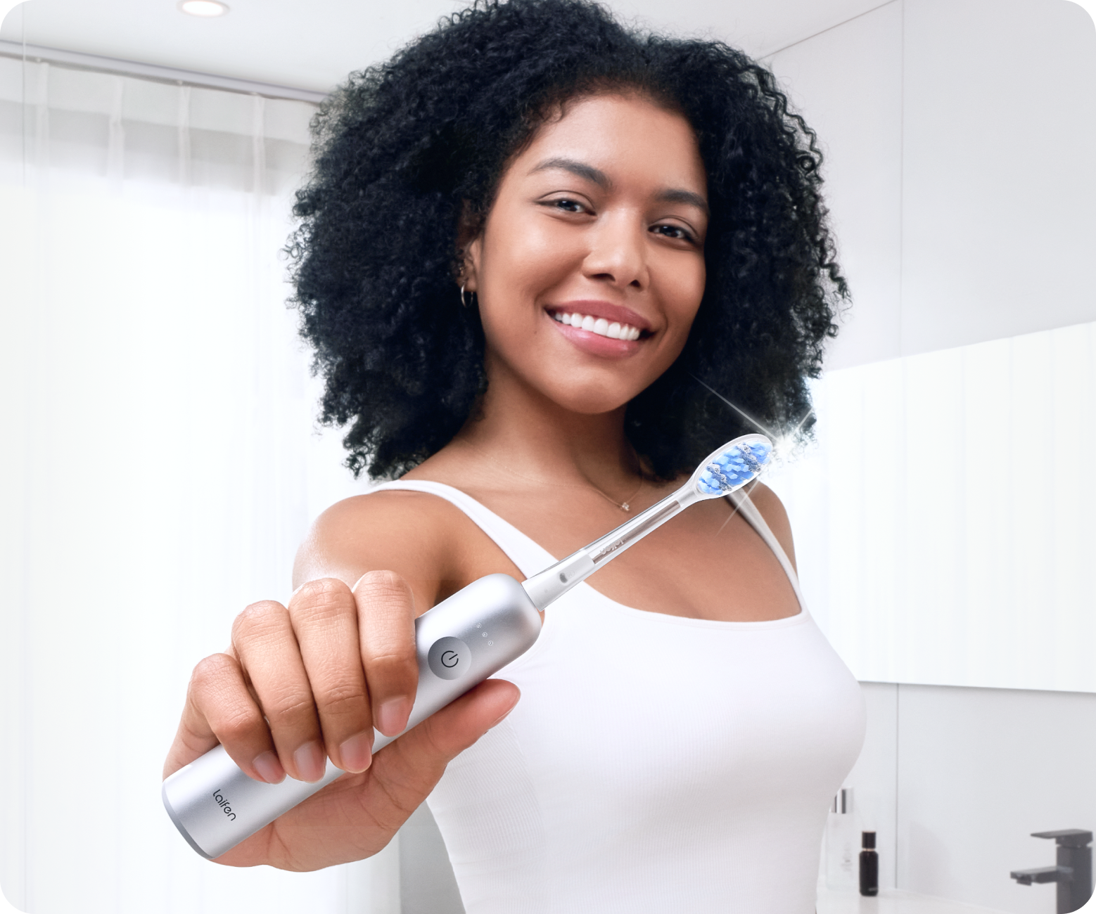 Illustration of a person brushing their teeth in front of a mirror.