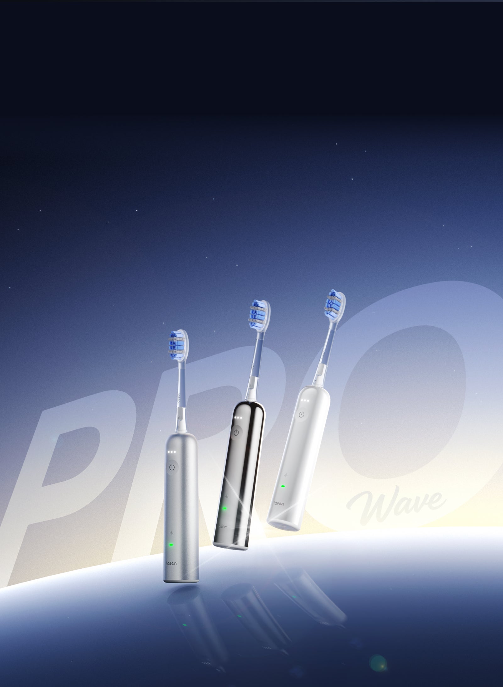 Three electric toothbrushes with visible branding on a gradient background