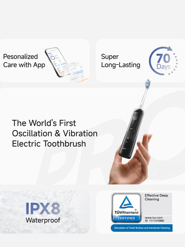 Laifen Wave Pro electric toothbrush features: Efficient Pro-Level Wave Motion Technology. Personalized Care with App. Super Long-Lasting Up to 70 Days. The World's First Oscillation & Vibration Electric Toothbrush. Comprehensive Cleaning Pro Brush Heads-Pro Whitening and Pro Plaque Removal. Dual-Mode Cleaning System-Daily Clean and Deep Clean. IPX8 Waterproof. Certified. Smart Pressure Sensor.