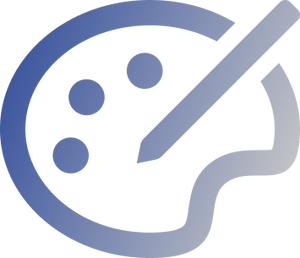 Blue icon of a paint palette with a brush on a white background