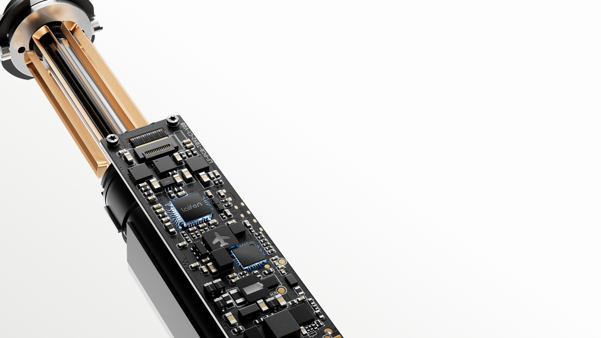 Close-up of a mechanical device with electronic components on a white background