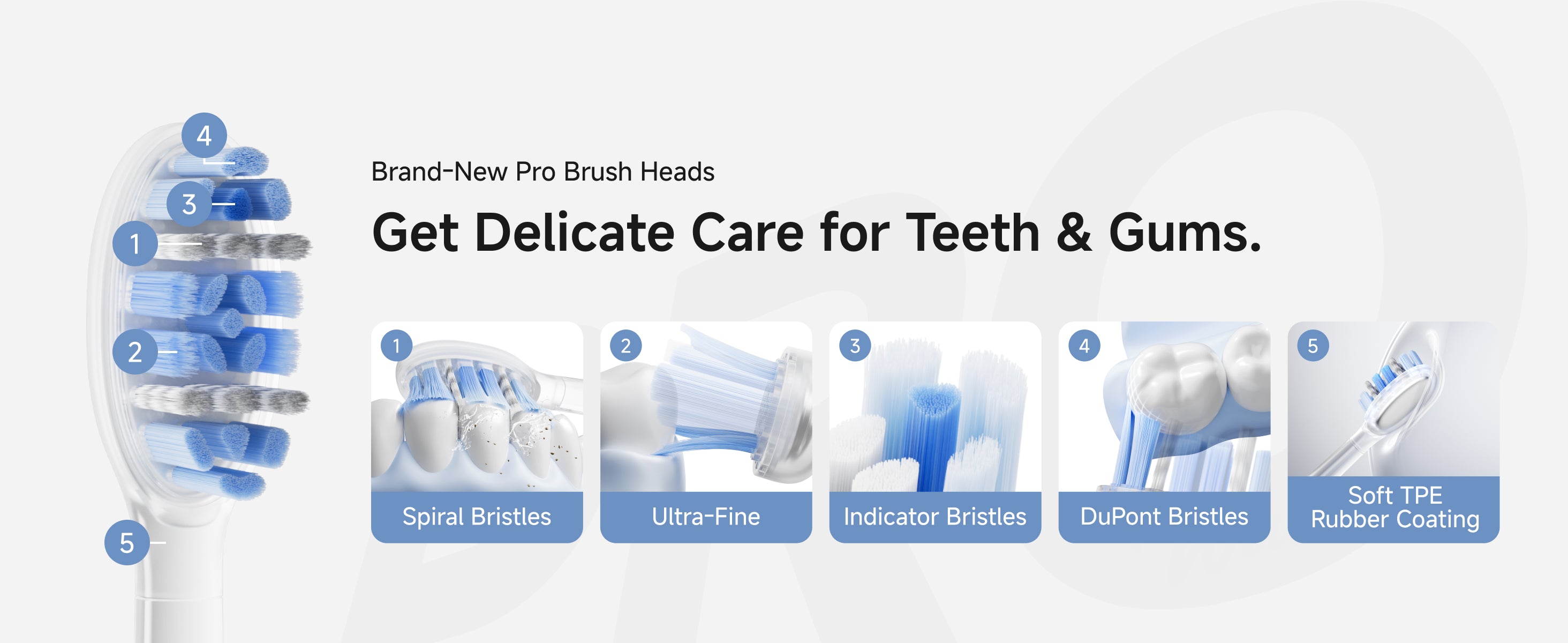 Brand-New Pro Brush Heads. Get Delicate Care for Teeth & Gums. Spiral Bristles. Ultra-Fine. Indicator Bristles. Indicator Bristles. DuPont Bristles. Soft TPE Rubber Coating