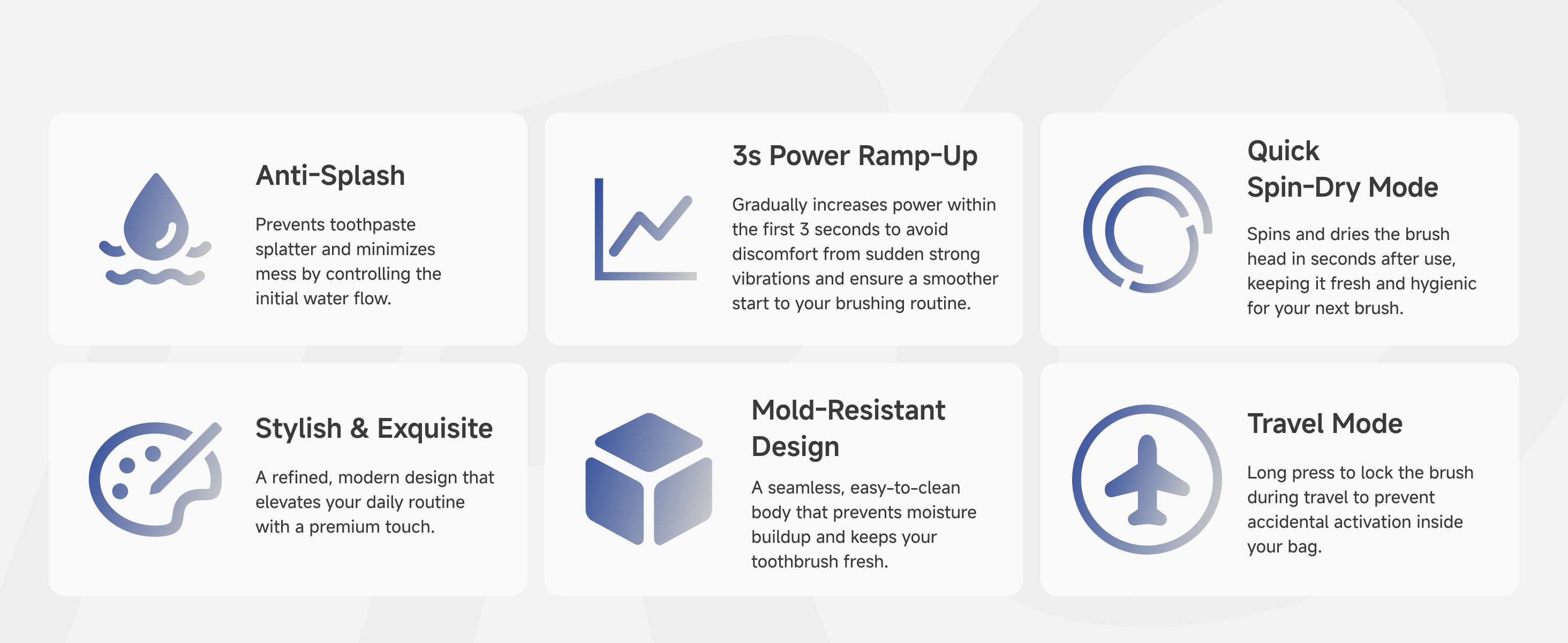 Anti-splash prevents toothpaste
splatter and minimizes
mess by controlling the
initial water flow. 3s power ramp-up Gradually increases power within
the first 3 seconds to avoid
discomfort from sudden strong
vibrations and ensure a smoother
start to your brushing routine. Quick spin-dry mode spins and dries the brush head in seconds after use,
keepingit fresh and hygienic
for your next brush. Stylish and exquisite, a refined, modern design that elevates your daily routine with a premium touch.