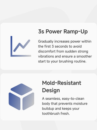 Anti-splash prevents toothpaste
splatter and minimizes
mess by controlling the
initial water flow. 3s power ramp-up Gradually increases power within
the first 3 seconds to avoid
discomfort from sudden strong
vibrations and ensure a smoother
start to your brushing routine. Quick spin-dry mode spins and dries the brush head in seconds after use,
keepingit fresh and hygienic
for your next brush. Stylish and exquisite, a refined, modern design that elevates your daily routine with a premium touch.