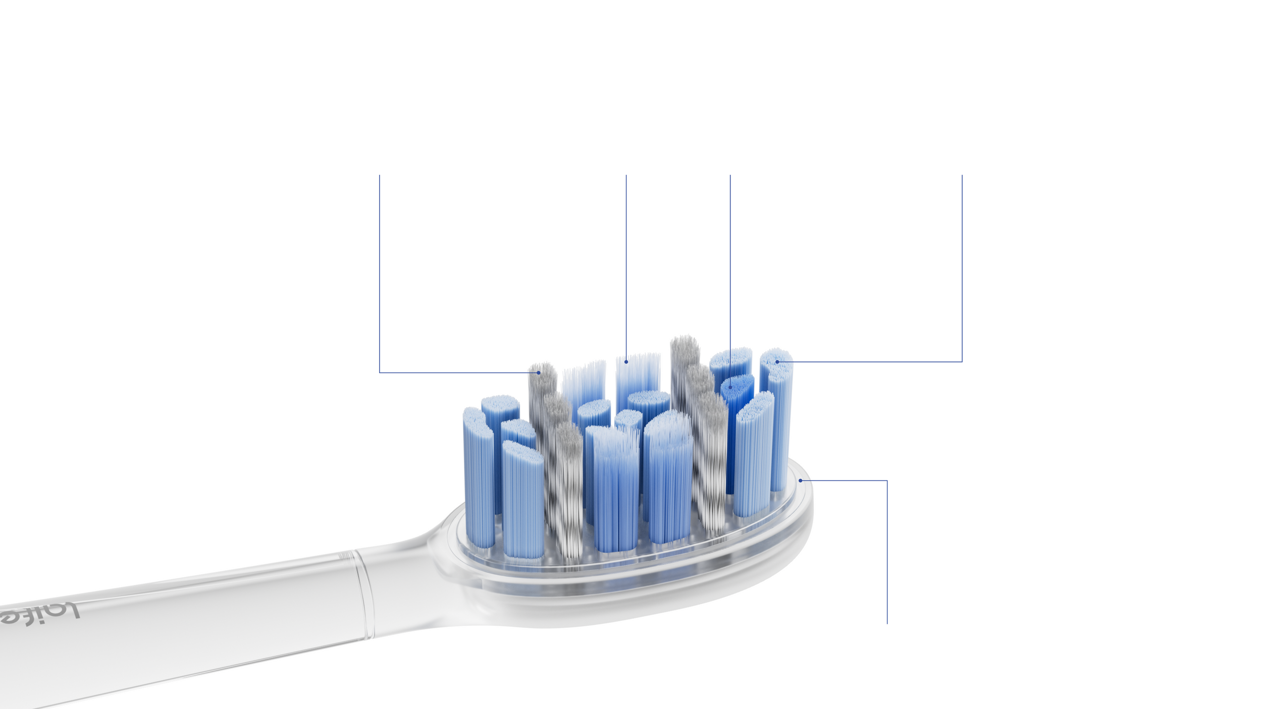 Close-up of a toothbrush head with blue bristles on a white background