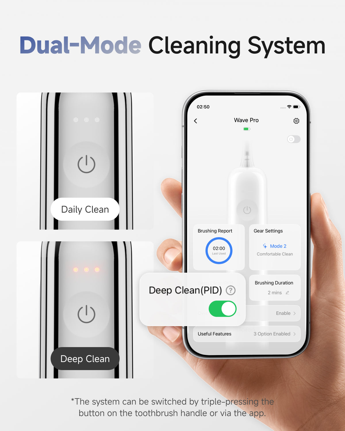 Laifen Wave Pro Electric Toothbrush Polished Stainless Steel Dual Mode Cleaning System Deep Clean (PID) *The system can be switched by triple-pressing the button on the toothbrush handle or via the app.