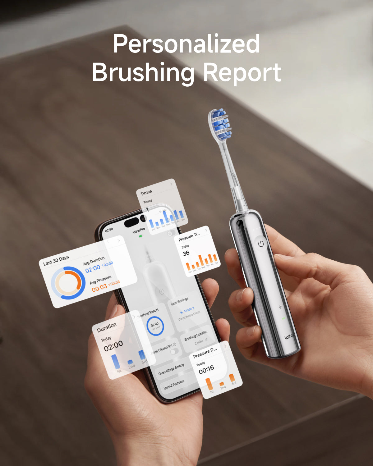 Laifen Wave Pro Electric Toothbrush Polished Stainless Steel Personalized Brushing Report