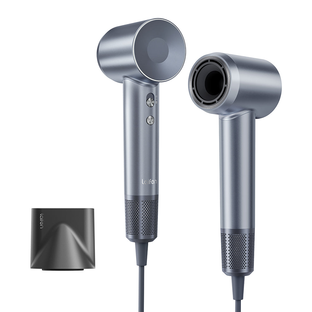 Laifen Swift High-speed Hair Dryer in Silver Blue with the standard nozzle